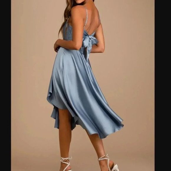 NWT Blue Satin Asymmetrical Tie-Back Midi Dress - Picture 2 of 5